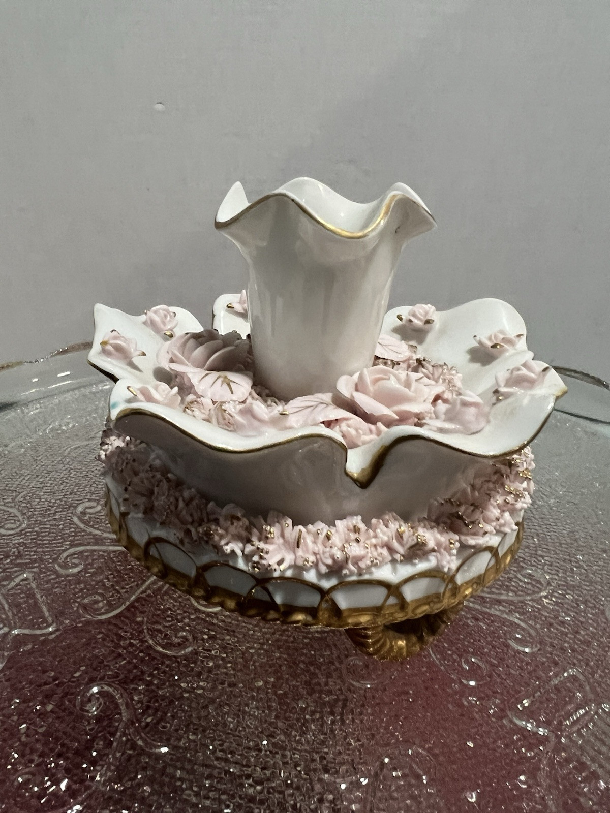 Antique Pink Rose Gold Trim Porcelain Footed Candlestick Holders  