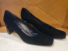 VTG Stuart Weitzman 10B Black Leather Block Heels Square Toe Pumps Work 90s