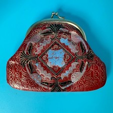 Vintage 60 s Florentine Hand Painted Leather Kiss Lock Coin Purse Italy Florence