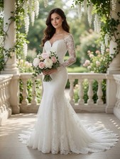 White Tulle Lace Mermaid Wedding Dress Off Shoulder Long Sleeves Size 6