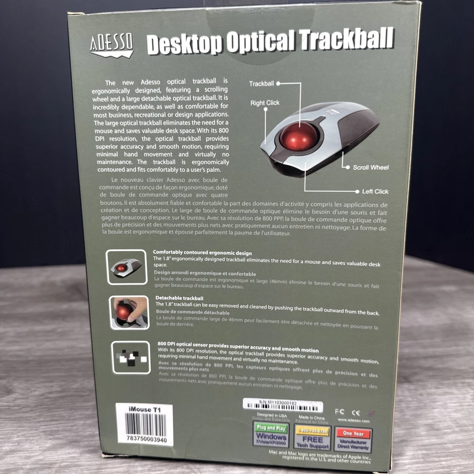 iMouse T1 Desktop Optical Trackball Adesso Mouse USB Mac Windows - Image 3 of 4