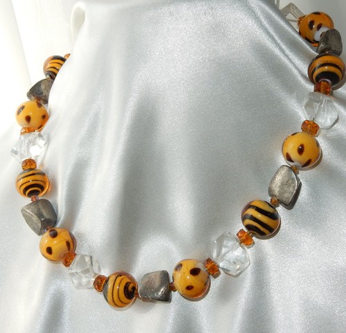 Larzo Necklace Art Glass and Rock Crystal Beads Orange Black Dots Stripes Cool - Picture 9 of 10
