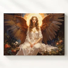 Garden Seraph Canvasseated Angel With Brown Wings And Sunset Halo Wall Art