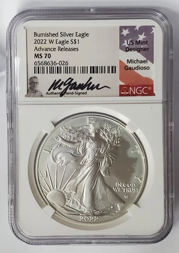 2022-W Burnished Silver Eagle MS70 NGC Advance Release, Gaudioso Signed