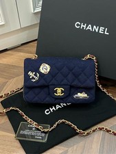 Auth Chanel Classic Flap Medium CrossbodyBag Navy Wool Quilted Badge Embellished