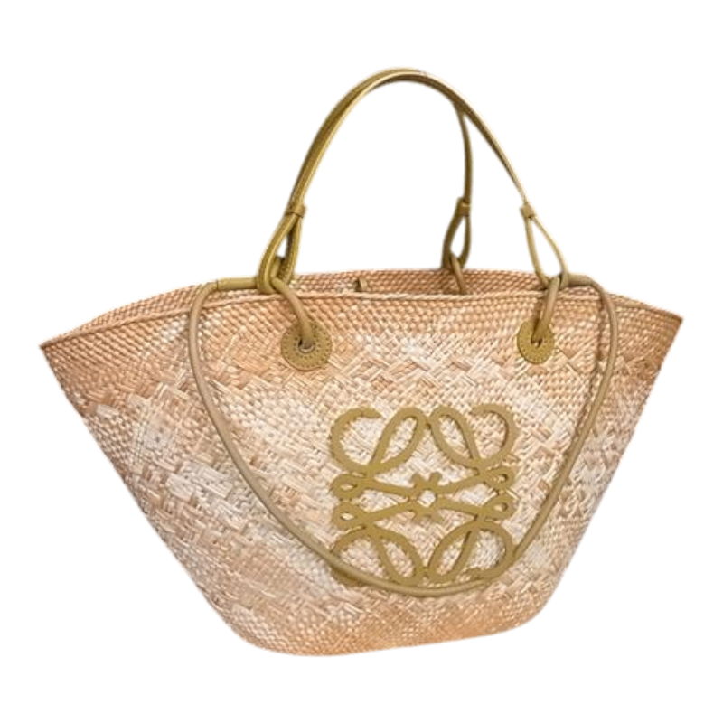 LOEWE Anagram Straw Leather Basket Bag Handbag Tote Bag Beige FT0538