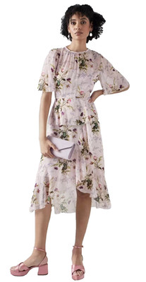 LK Bennett X Royal Ascot Thea Floral Midi Dress Pink Print Ruffle Hem - Size 8