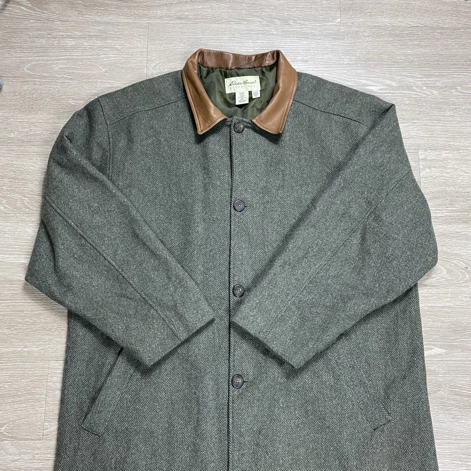 Abrigo Eddie Bauer Lana Espiga Tweed Hombre’s XL Alto Cuero Cuello EE. UU. Foto 4 de 4