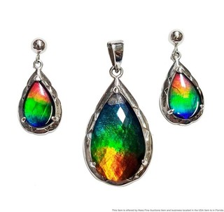 Korite Huge Ammolite Triplet Pendant 14k White Gold Dangle Earring Suite w COA
