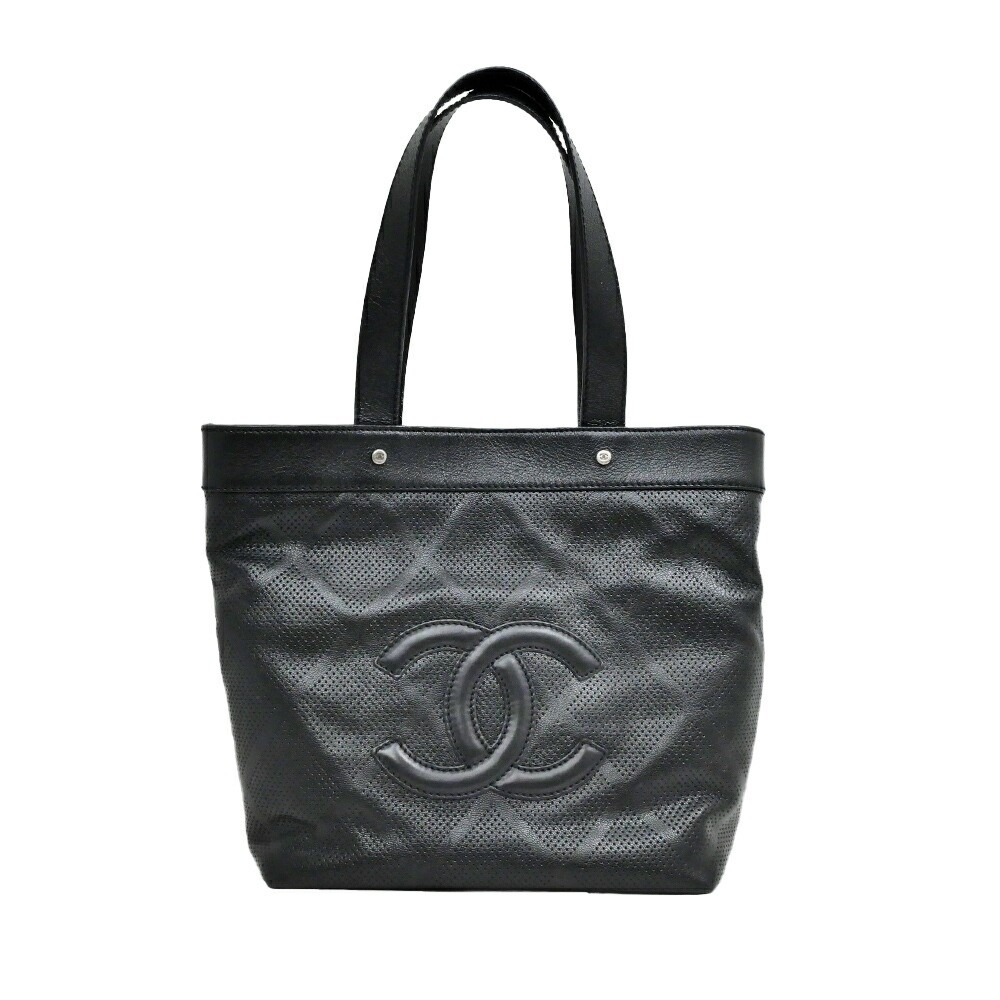CHANEL Black Punched Leather Tote with Shoulder Strap and SV Hardware for Women