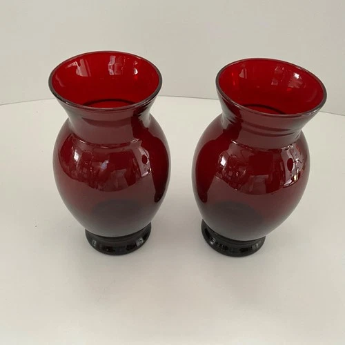 Ruby Red Depression Glass Flower Vase PAIR of Anchor Hocking Vintage 6.25”H