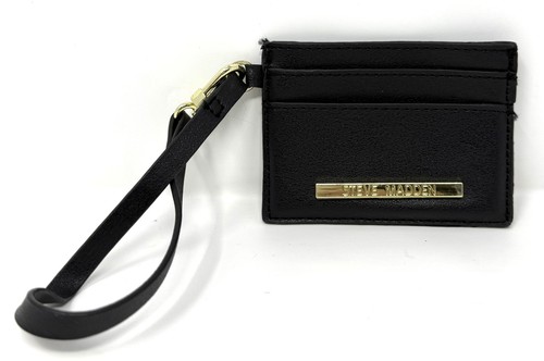 Steve Madden Black Leather Card Holder ID Wallet Keychain Wristlet Gold Logo