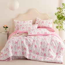 Pink Bow Comforter Set Queen Size Pink Floral Comforter for Girls Kids Romant...