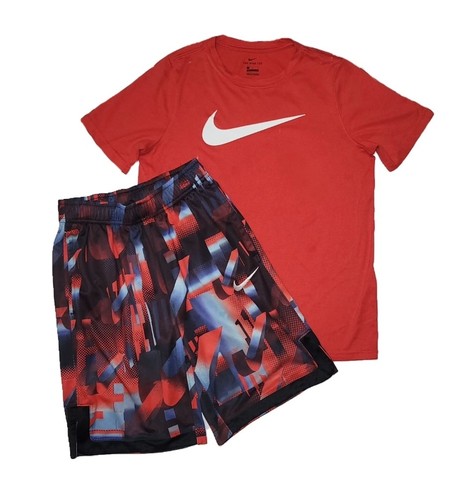 Nike Dri-fit Youth Large Red Graphic Print Shorts And Swoosh Tshirt Outfit - Picture 2 of 9