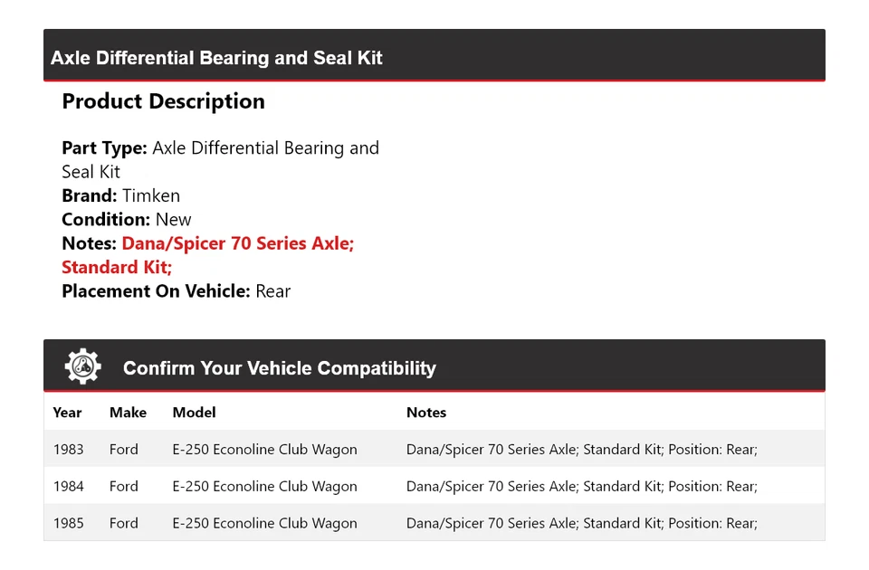 Kit de sello de cojinete diferencial de eje Timke para 83-85 Ford E-250 Econoline Club Wagon Foto 2 de 3