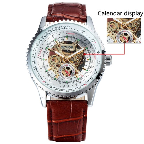 Reloj Sewor Esqueleto Mecánico Automático Para Hombres Moda Caballeros Plateado Analógico Nuevo - Imagen 4 de 13