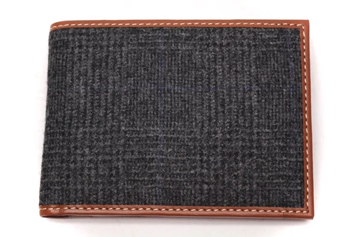 Mens Handmade Bifold Wallet Italian Leather Tweed Charcoal Plaid Gift for Him