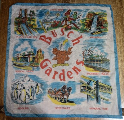 Vintage Busch Gardens Souvenir Scarf Penguins Clydesdales Ya-Hoo Flume Ride