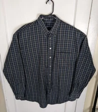 Burberry London Navy Plaid Button Shirt USA Made XL Soft Cotton Collared 