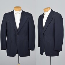 Medium 40R 1970s Navy Blue Blazer Mens Wide Lapels Patch Pockets VTG Jacket