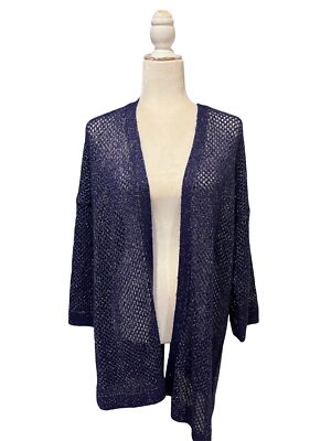Chico's Cardigan Purple w/Silver Metallic Open Weave 3/4 Sleeves Size 3  = US XL