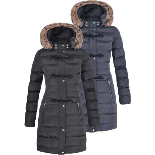 Womens Long Fur Trimmed Hooded Padded Puffer Parka Ladies Winter Jacket Coat - Picture 2 of 13