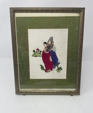 Vintage Framed Silk Embroidery Asian Women 8x10 Gold Chinoiserie Wall Decor Art