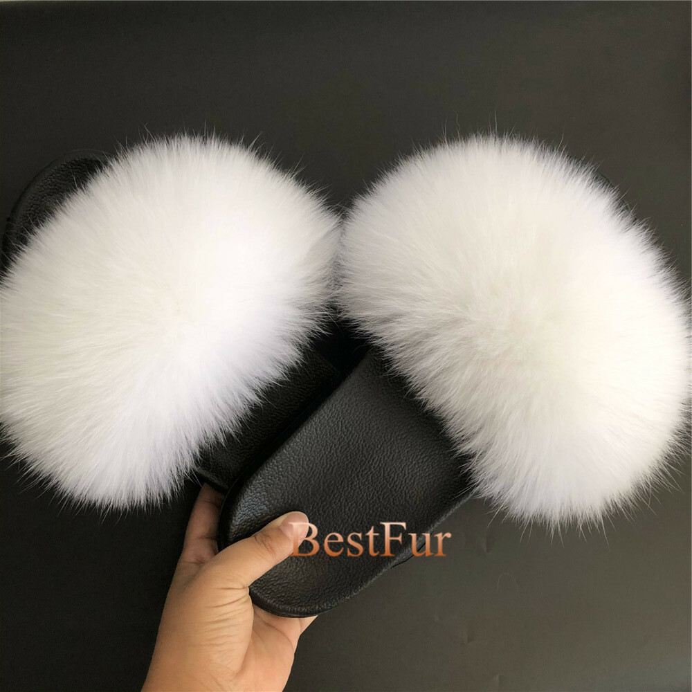 SAOLA Pantofole da spiaggia bianche da donna slides vera pelliccia di volpe sandali casual sliders