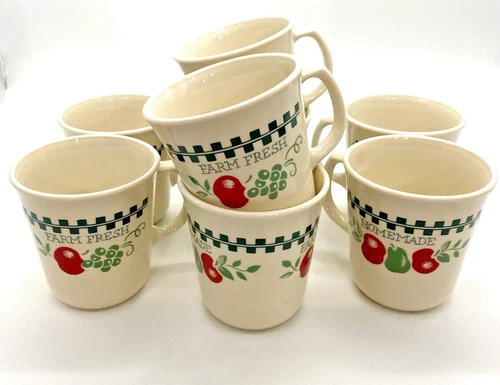 Vintage Corning USA Coffee Cups Mugs Farm Fresh Homemade Pear Apples Set 8