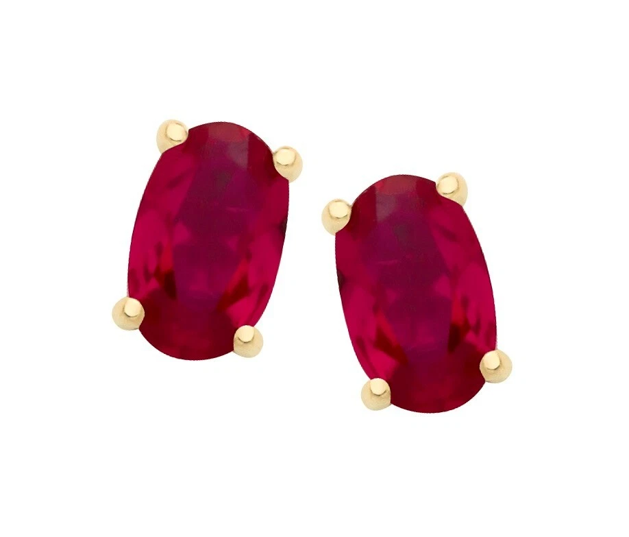 9ct Yellow Gold Created Ruby Oval Solitaire Stud Earrings - July Birthstone - Image 4 of 4