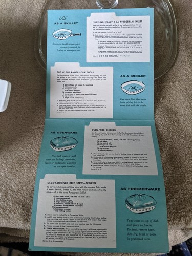 PYREX VINTAGE TURQUOISE SNOWFLAKE 10" SKILLET PYROCERAM NEW WITH BOOKLET NO BOX - Picture 8 of 10