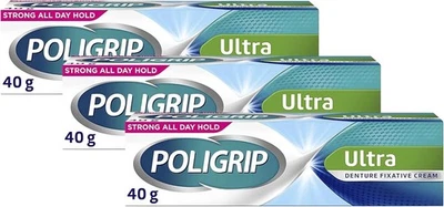 BRANDED 3x Poligrip Ultra Denture Fixative Cream 40g Polygrip zinc free - Mint Flavour