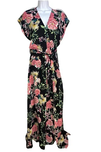 Meghan LA Dress Women's Surplice V-Neck Self Tie Wrap Floral Maxi Size Med