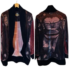 Citron Santa Monica Cardigan Kimono Velour Cardigan L 100% Silk Art Buddha USA