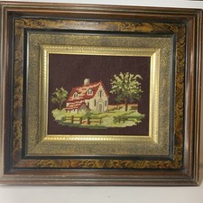 Vintage Needlepoint Cottage Scene Ornate Frame Professional Cottagecore