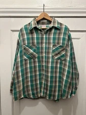 Vintage 60s 70s Big Mac Flannel Long Sleeve Button Up Shirt Green Plaid Size XL
