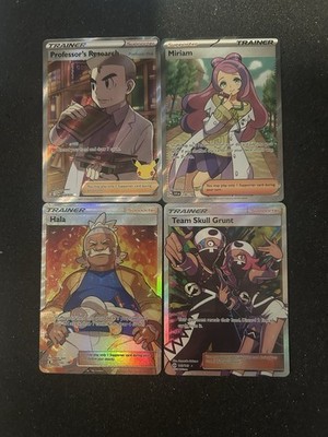 4 Card Full Art Trainer Lot Pokemon Hala,Team Skull, Professors Research, Miriam