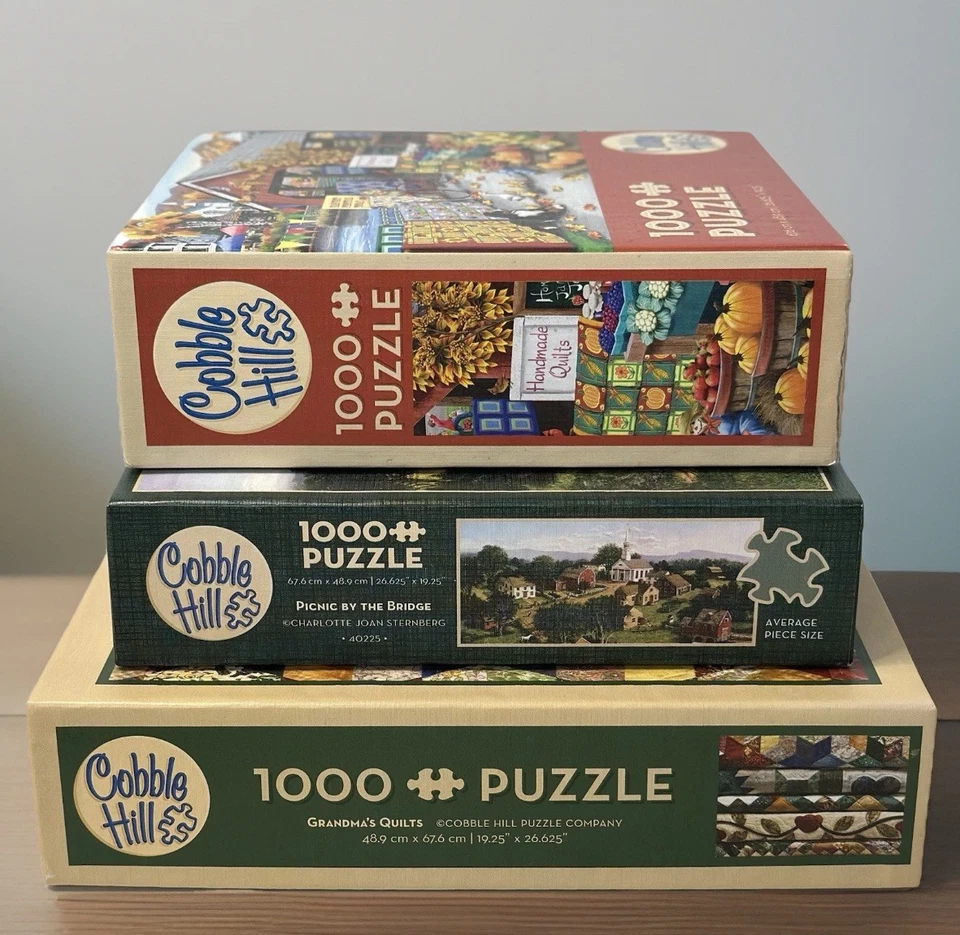 3 Cobble Hill 1000 Pc Puzzles - Grandmas Quilts, Harvest Fest, Picnic Bridge LOT - Image 2 of 4