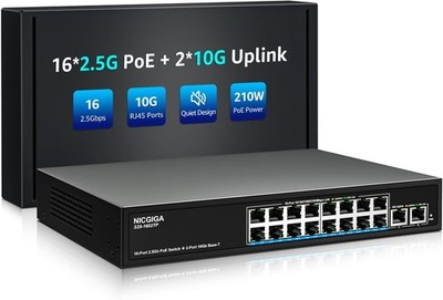 NICGIGA 18 Port 2.5G PoE Switch, 16×2.5G Base-T PoE+ (250W) + 2×10G RJ45 Uplink,