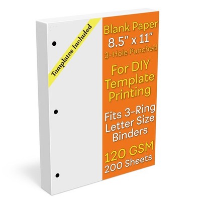 Letter Blank Paper 3-Hole Punched, 200 Sheets/400 Pages, 120 GSM, 32 lb., Ext...