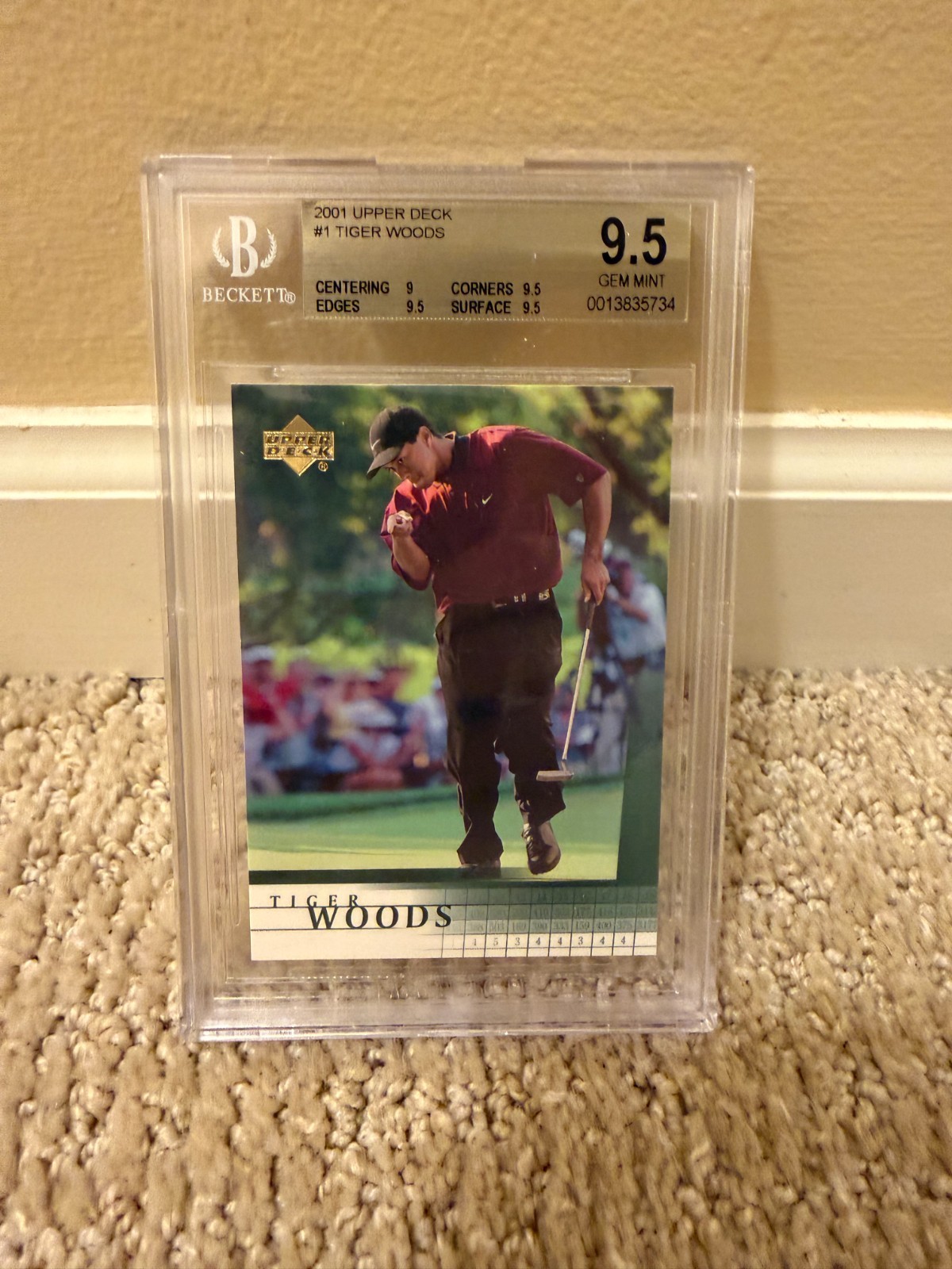 2001 Upper Deck Golf PGA Tiger Woods #1 Rookie RC Card Gem Mint BGS 9.5 view 3
