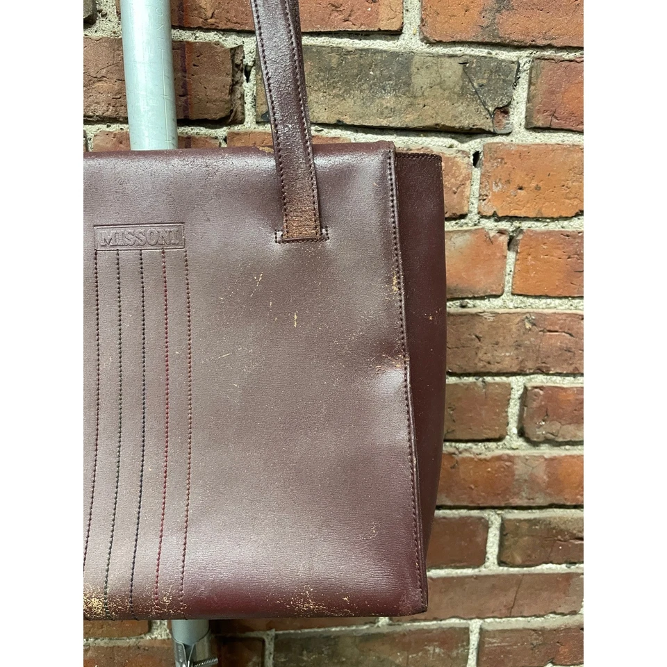 Missoni Leather Tote Bag Burgundy Textured Stitch Shoulder Purse Womens M VTG - Image 3 of 4
