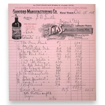 1915 Sanford Manufacturing Co Ink Mucilage Billhead Invoice New York NY Paper