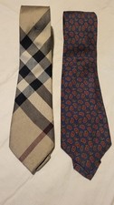 2 Burberry Navy Blue Paisley Taupe Nova Check Silk Classic Ties