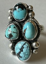 Signed Navajo Sterling Silver Multi-Stone Kingman Turquoise Ring Size 7