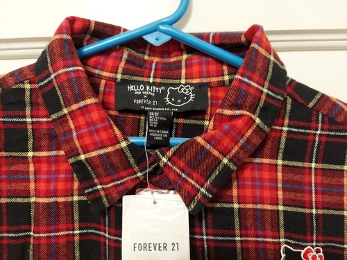 Nwts Forever 21 Hello Kitty & Friends Size OX Red Plaid Flannel Logo Shirt - Picture 2 of 14