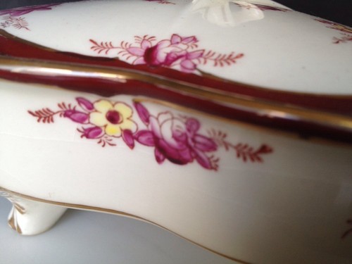 Rare Vtg Candy Nut Dish & Lid Japan 3 sections hand painted birds foot Art Work - Picture 12 of 12