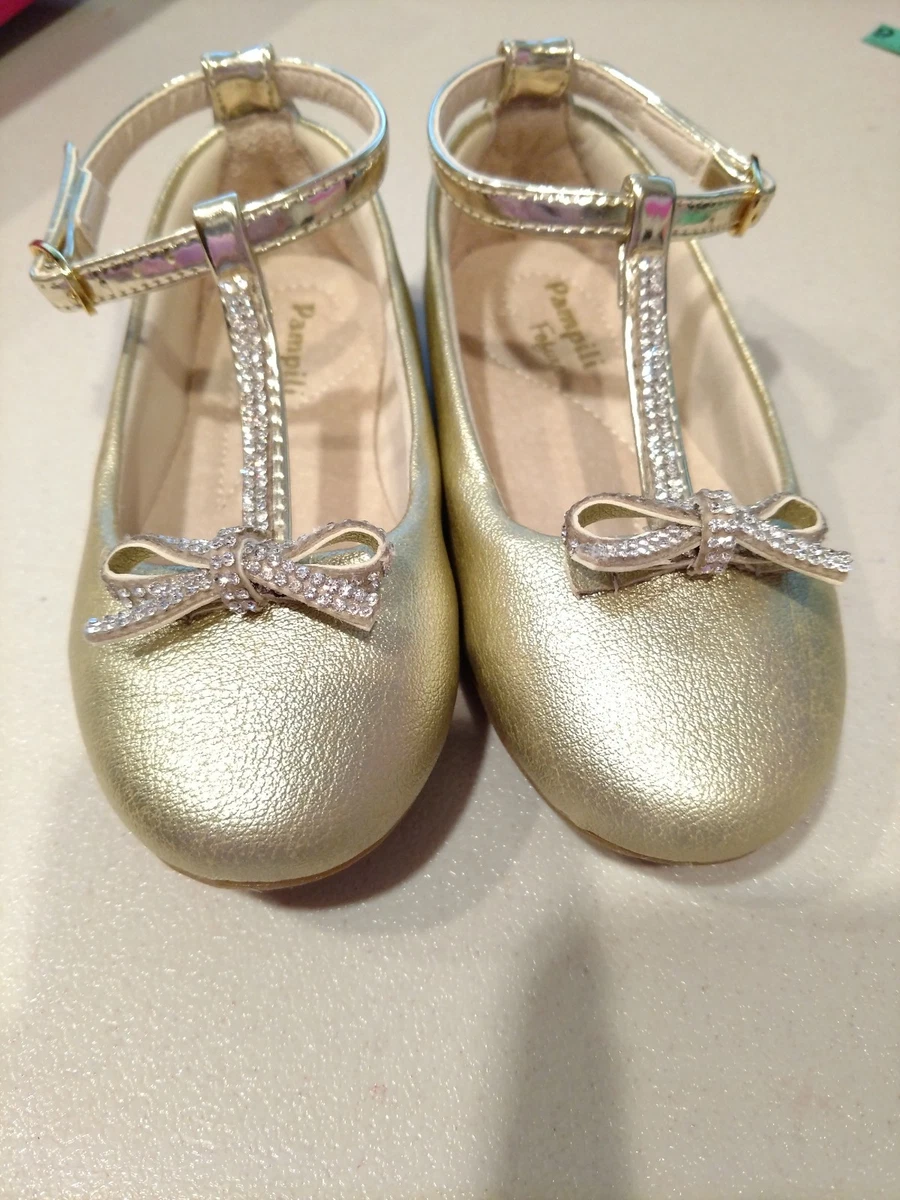Pampili Girls Gold Rhinestone T Strap Fancy Bow Shoes Size 7 eBay