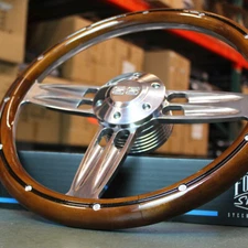 14" Polished Aluminum Steering Wheel with Wood Wrap and Chevy SS Horn - 6 Hole