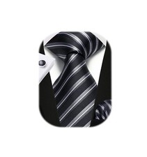 Black White Ties Stripe Mens Ties and Pocket Square Set Classic Silk Woven Ne...